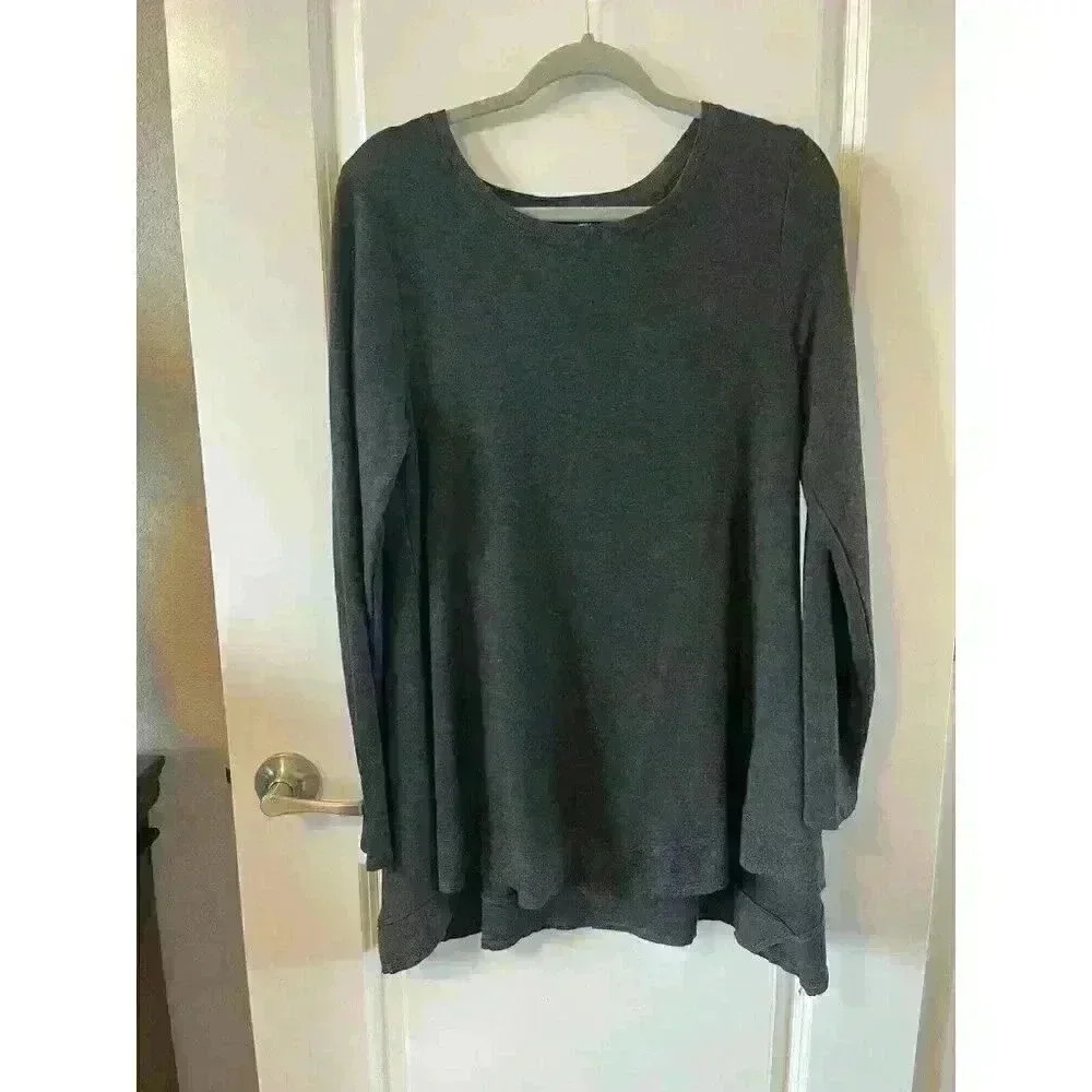 Cupio Pullover Women's Large Gray Solid Oversized Crew Neck Long Sleeve